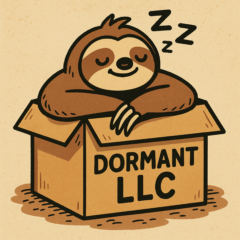 Picture of a sloth inside a box labeled DORMANT LLC