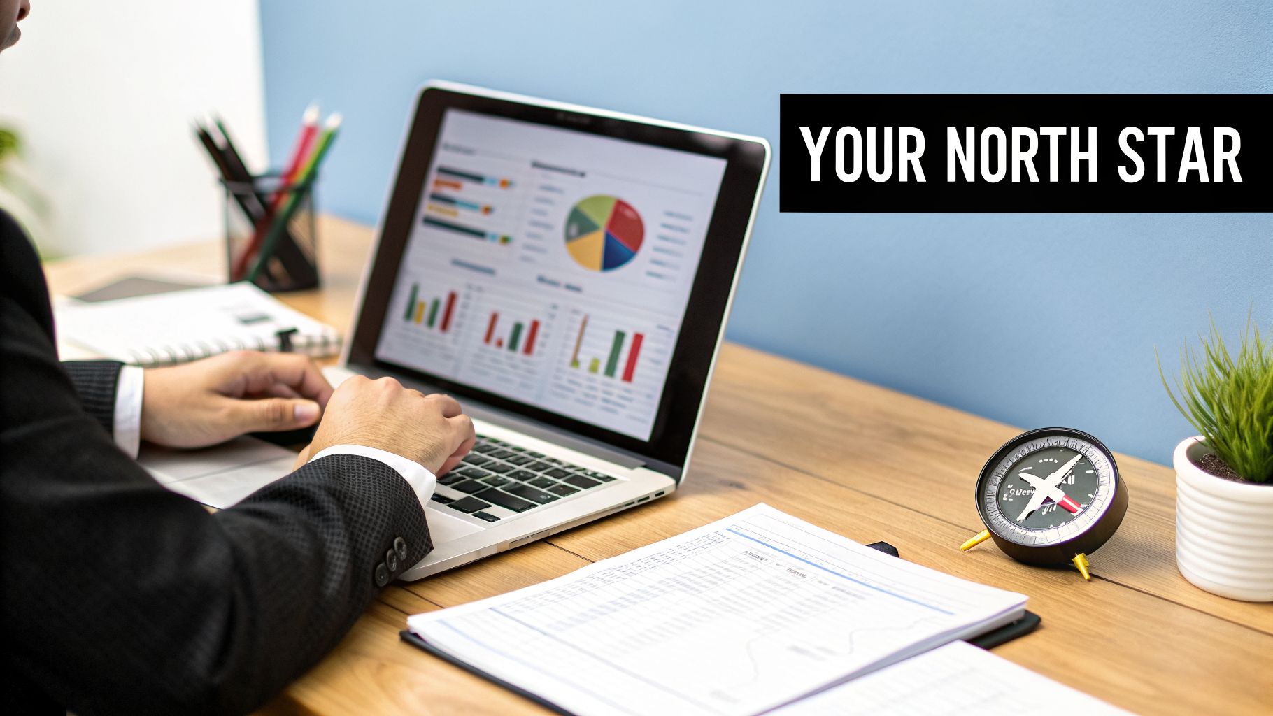 A person works on a laptop displaying financial charts, with a compass and 'YOUR NORTH STAR' text.