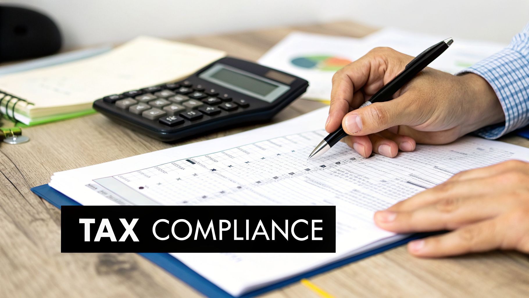 A person is filling out tax documents with a pen, calculator, and papers on a wooden desk.