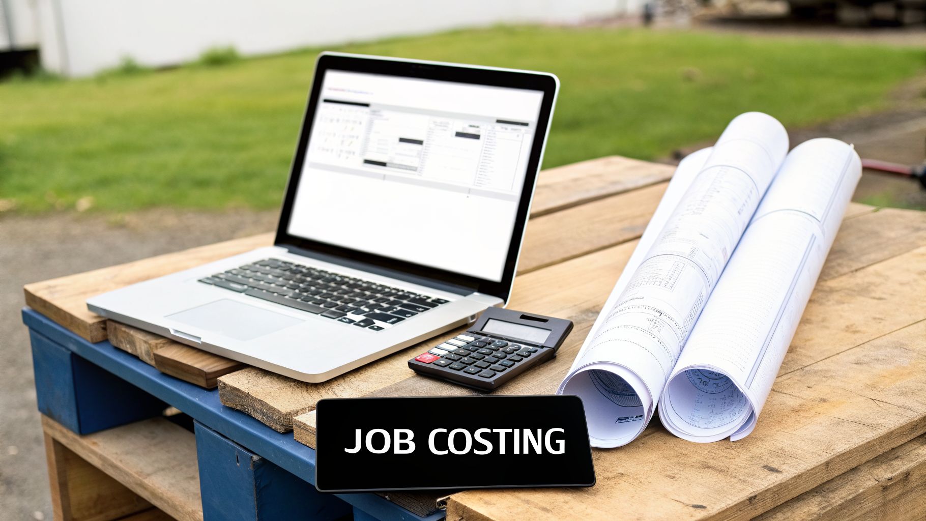 A laptop, calculator, blueprints, and 'JOB COSTING' sign on a wooden pallet, representing construction accounting.