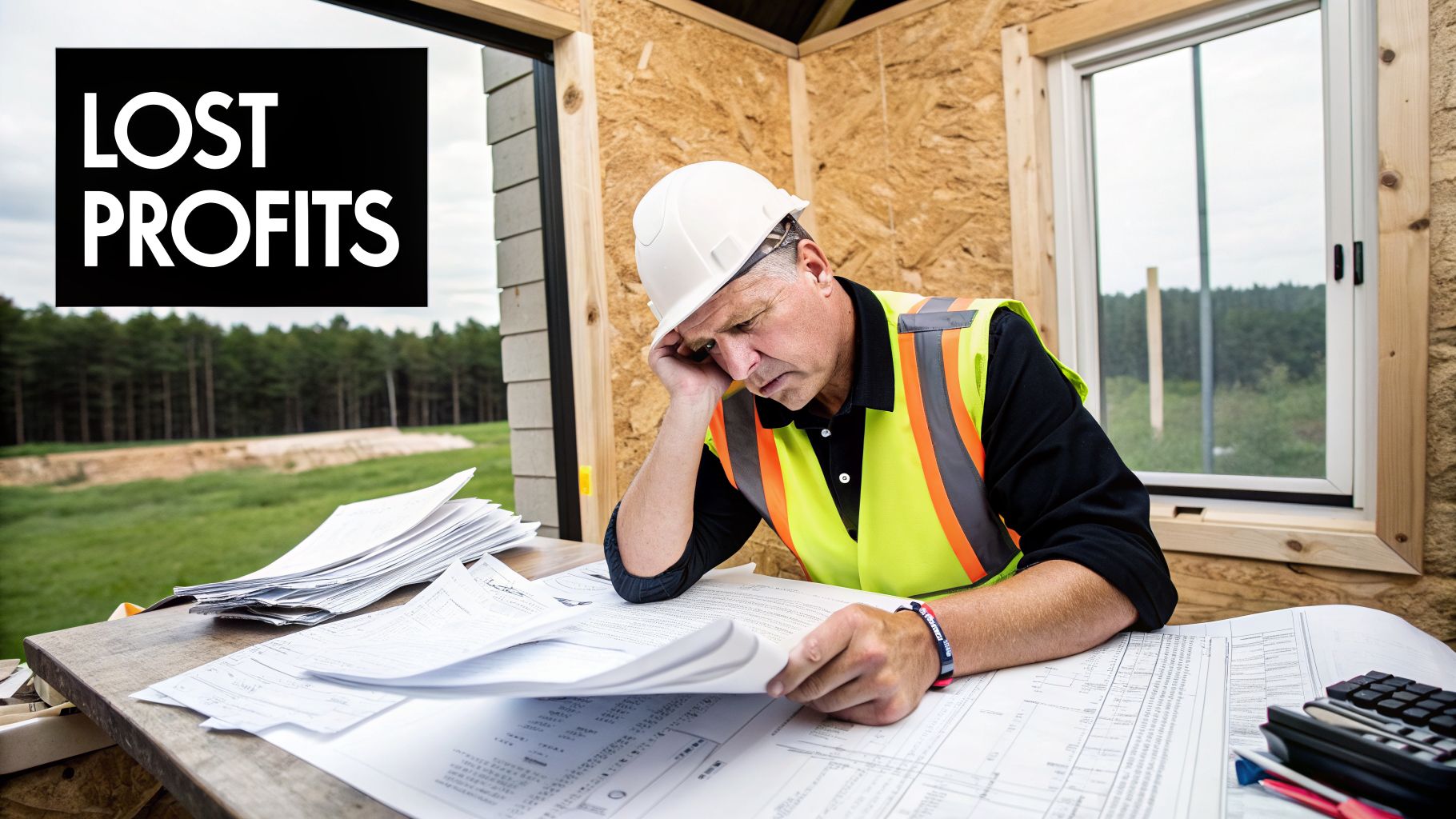 A construction worker in a hard hat and safety vest looks stressed while reviewing documents and blueprints. The text "LOST PROFITS" is overlaid.