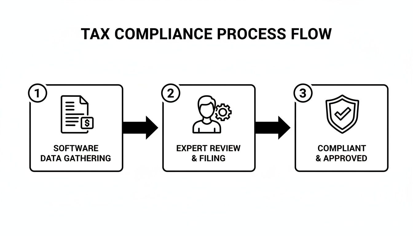 A tax compliance process flow diagram illustrating three key steps: data gathering, expert review, and final approval.