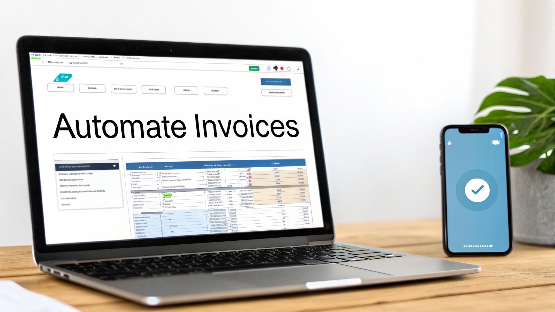 Laptop displaying 'Automate Invoices' software next to a smartphone with a checkmark.