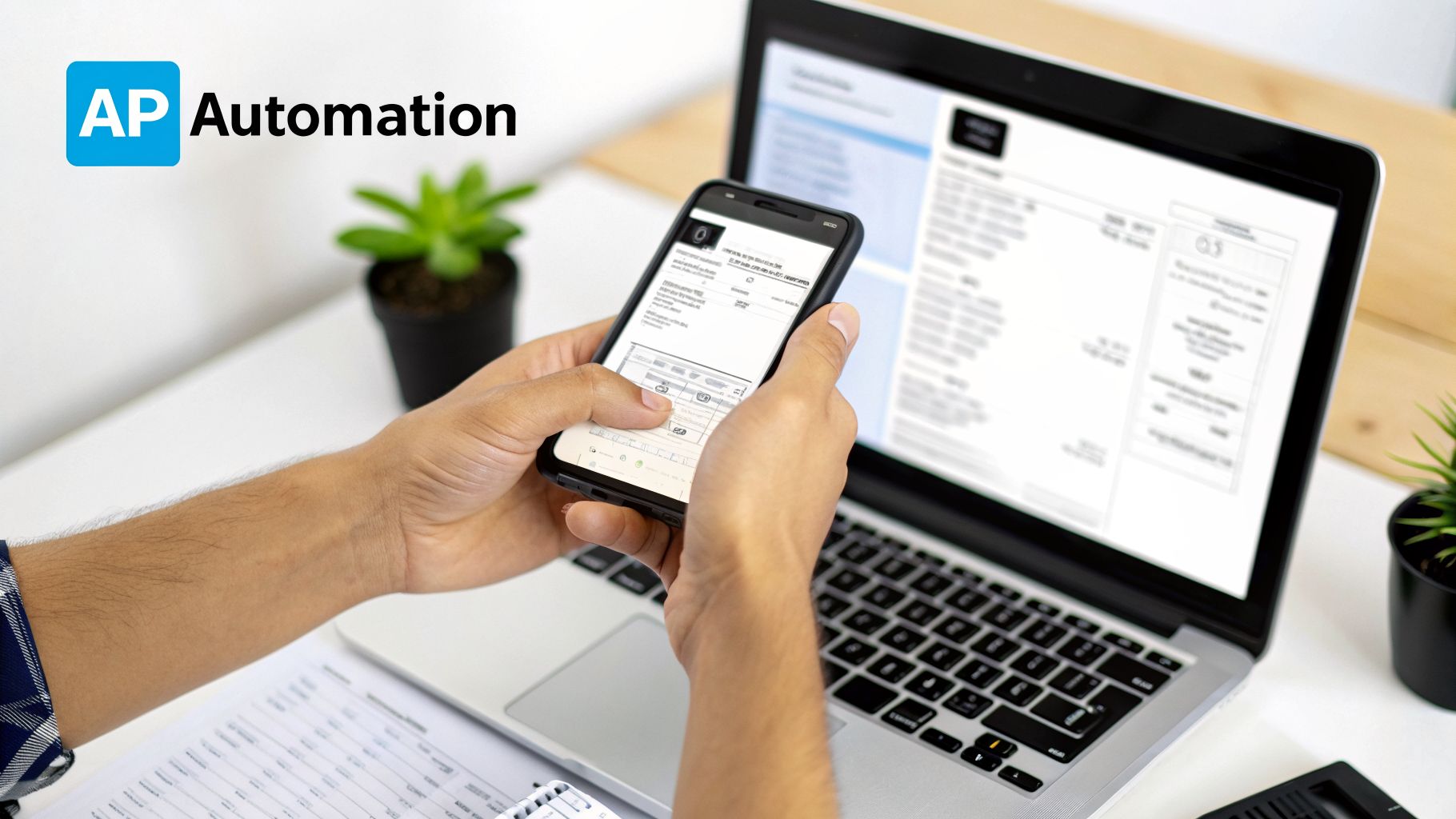 A person digitally manages invoices using a smartphone and laptop for AP Automation efficiency.