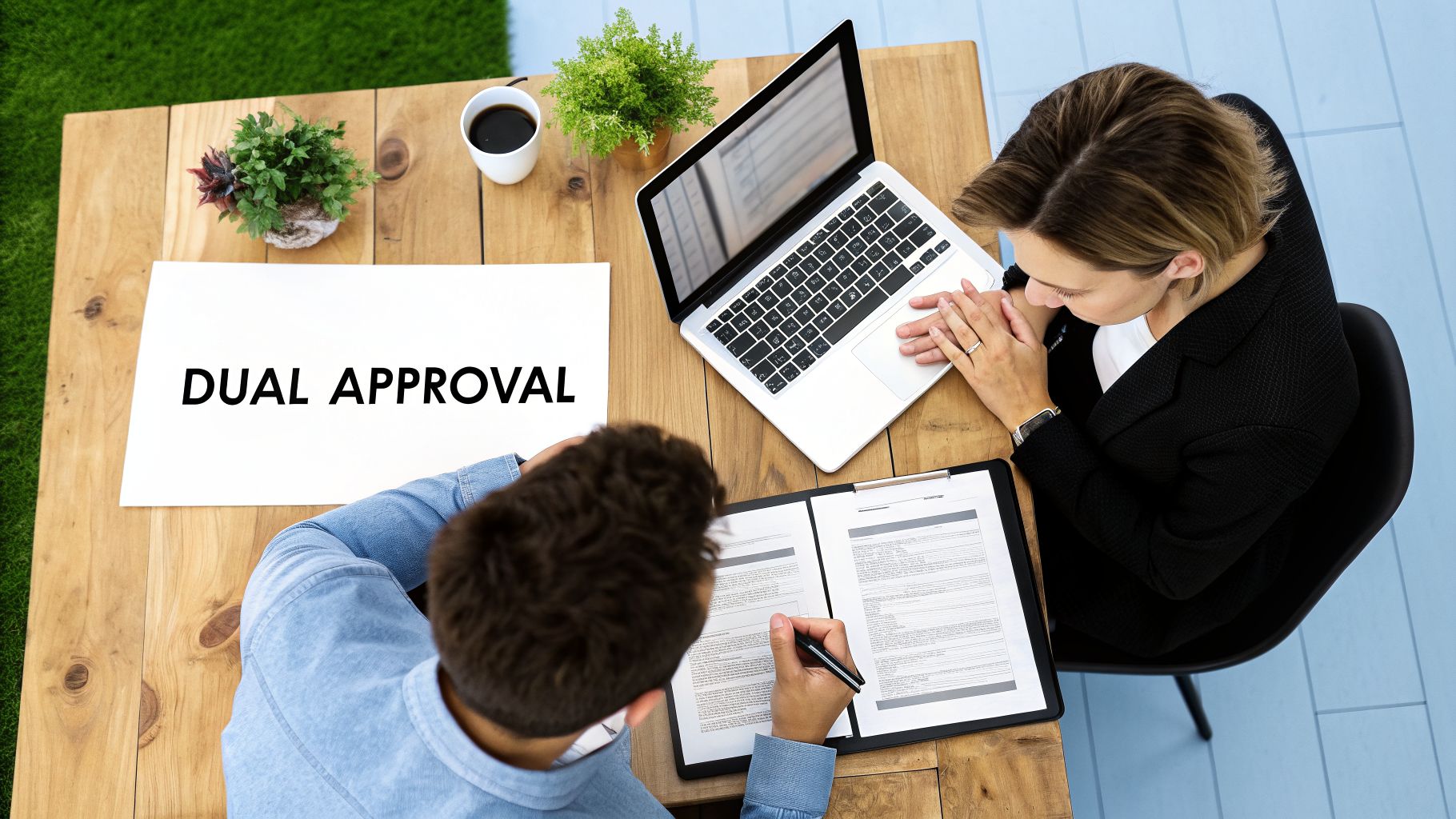 Overhead view of two people at a desk, one with a laptop, the other signing a document, with "DUAL APPROVAL" text.