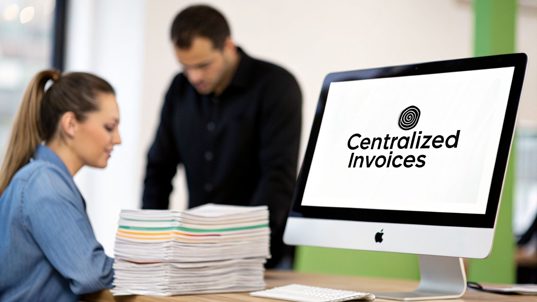 A woman works at a desk with stacked papers, while a computer monitor displays 'Centralized Invoices' with a logo.