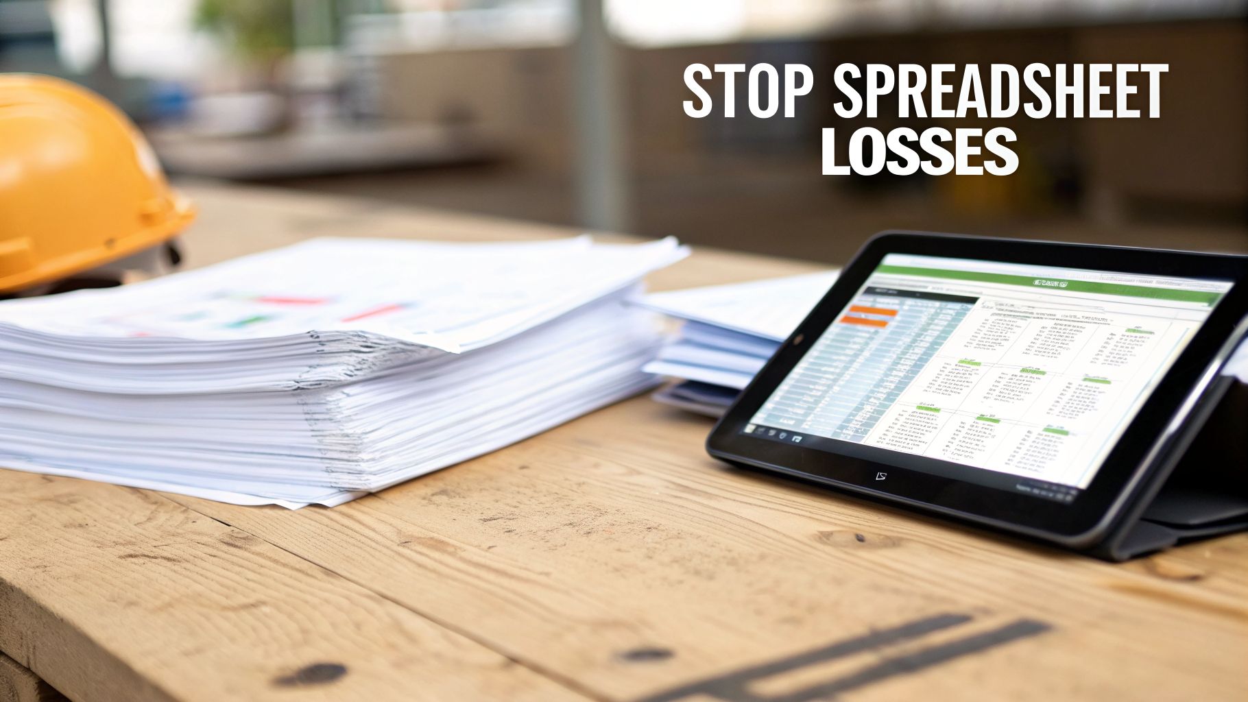 A hard hat, documents, and a tablet with a spreadsheet on a wooden desk. Text: STOP SPREADSHEET LOSSES.