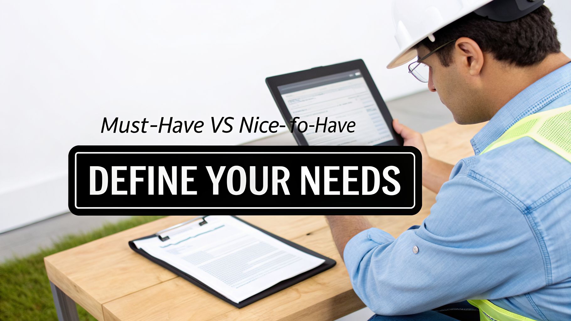 A construction worker in a hard hat and safety vest using a tablet and reviewing documents to define project needs.