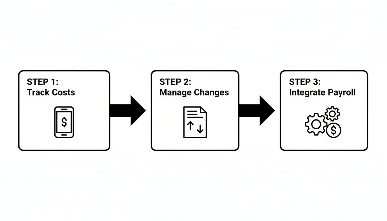 A three-step workflow illustrating tracking costs, managing changes, and integrating payroll with icons.