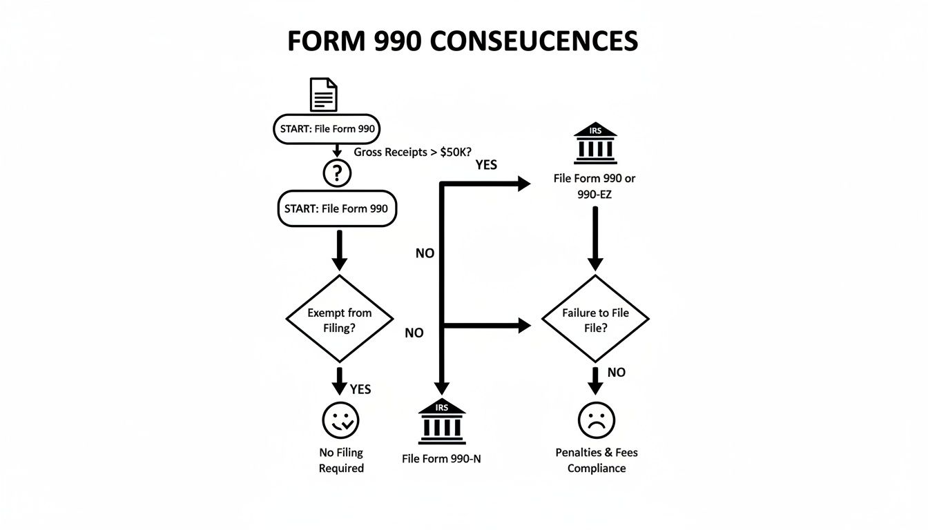 Flowchart illustrating Form 990 filing requirements, decisions based on gross receipts, and potential penalties.