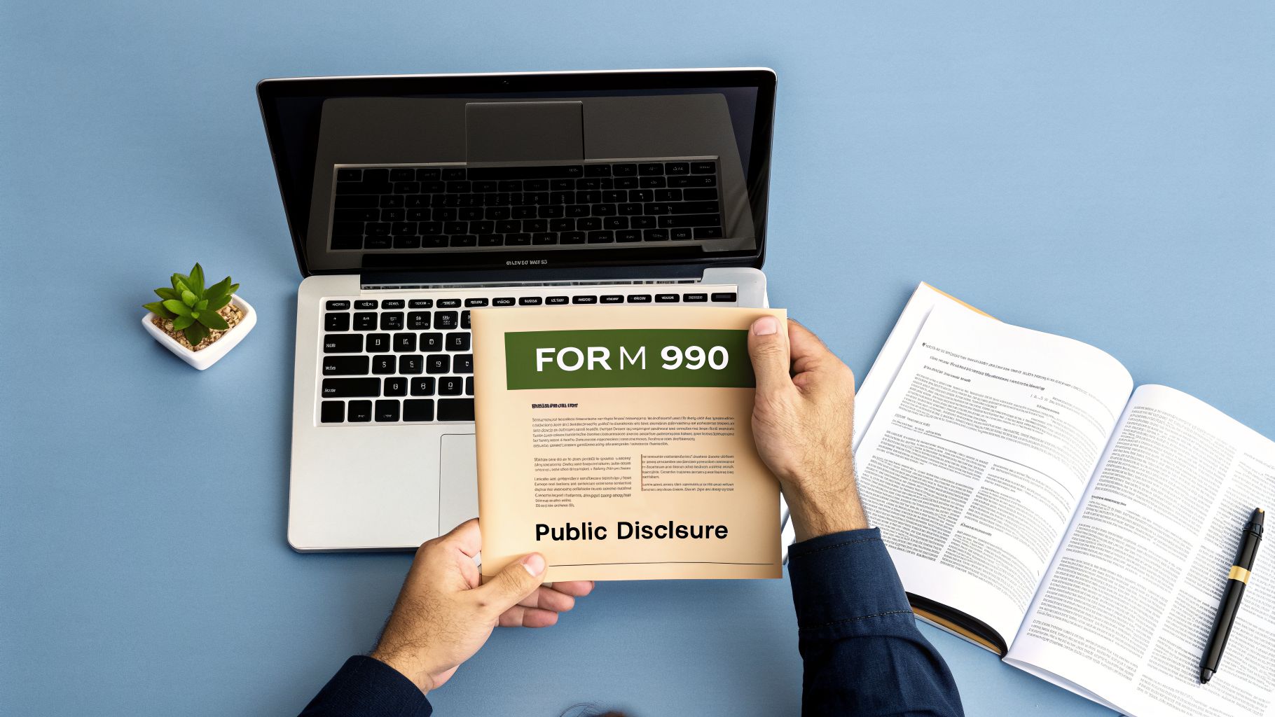 Overhead view of hands holding a 'Form 990 Public Disclosure' document near a laptop and open book.