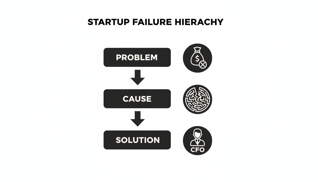 A diagram illustrating the startup failure hierarchy: Problem (lack of funding), Cause (complex issues), Solution (CFO).