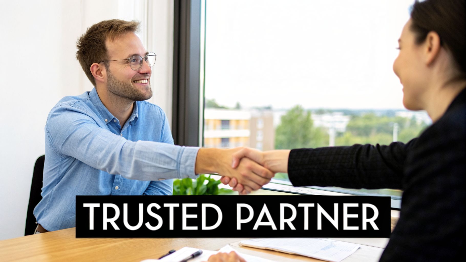 Two smiling professionals shaking hands across a table with 'TRUSTED PARTNER' text displayed.