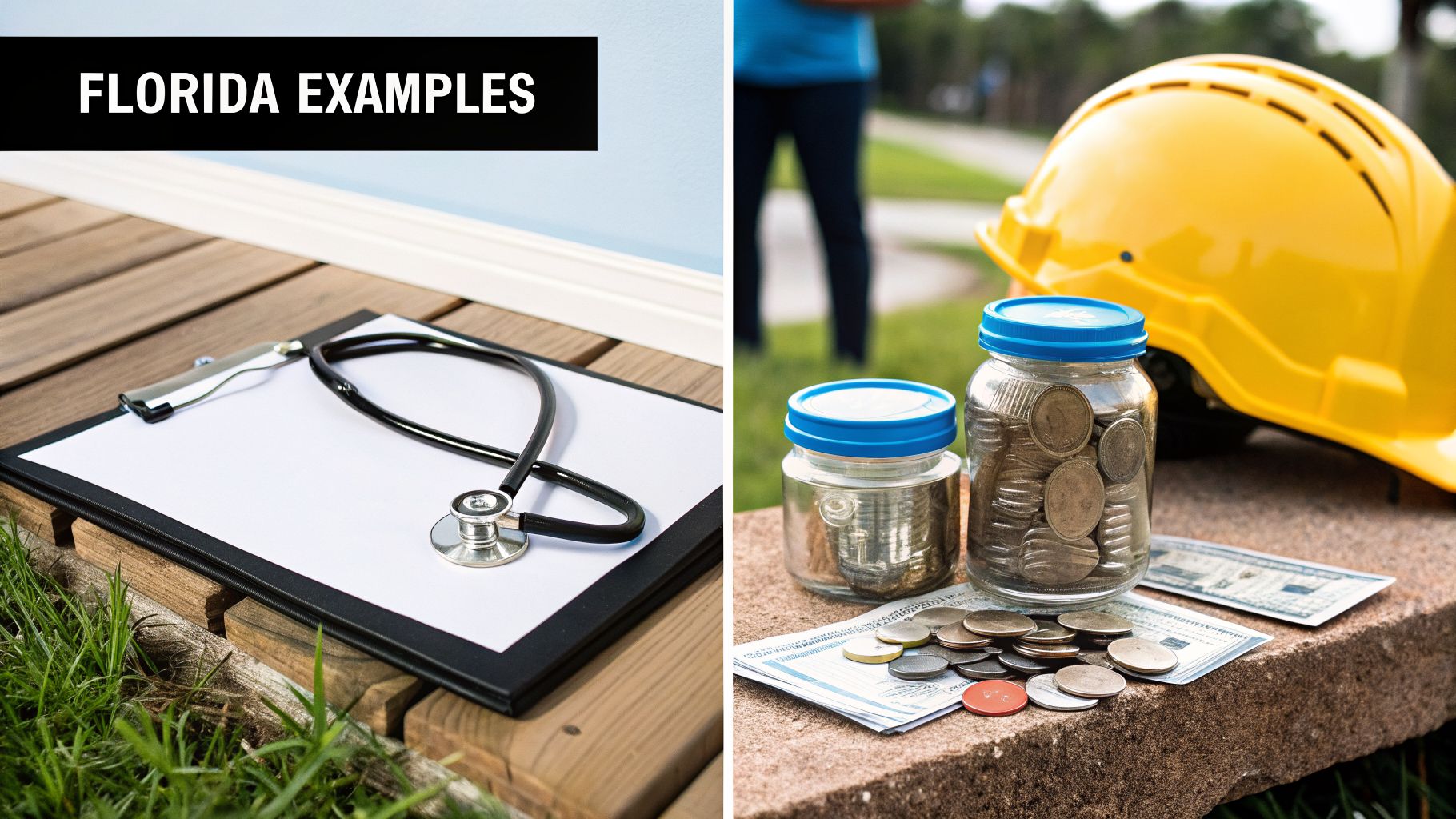 A split image showing medical items like a stethoscope and construction items with money, titled 'FLORIDA EXAMPLES'.