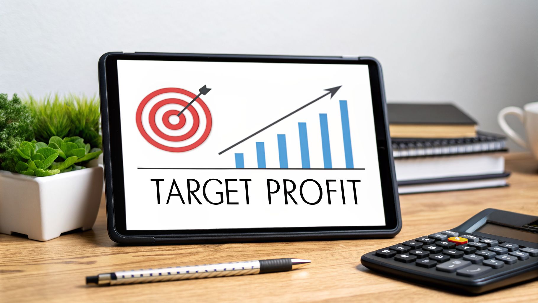 A tablet displays 'TARGET PROFIT' with a target and a rising bar chart on an office desk.