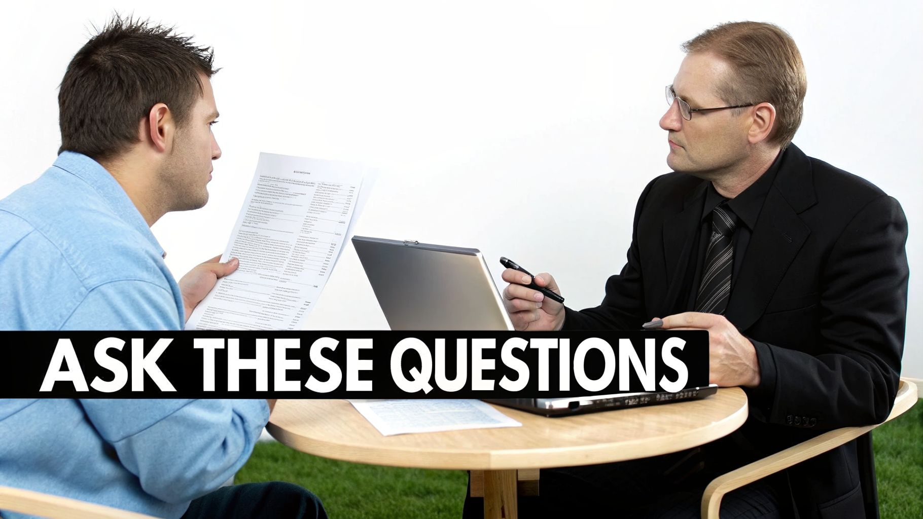 Two men, possibly an accountant and client, reviewing documents and a laptop at a table.