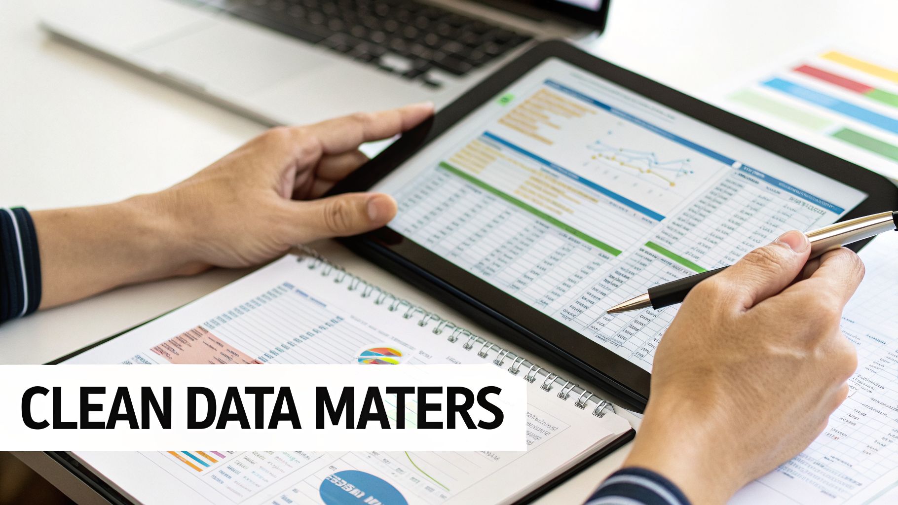 Hands analyze financial data on a tablet and notebook, with text "CLEAN DATA MATTERS".