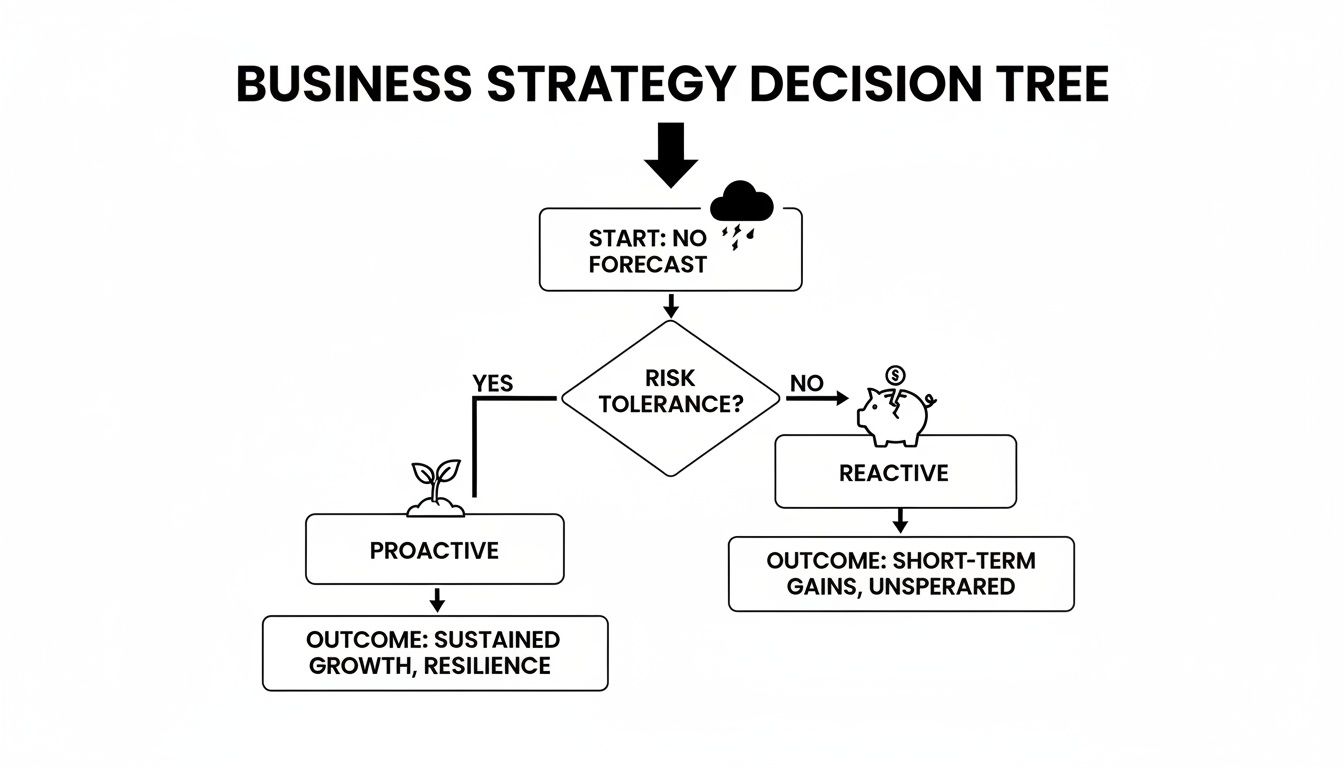 Flowchart illustrating business strategy decisions based on risk tolerance, leading to proactive growth or reactive short-term gains.