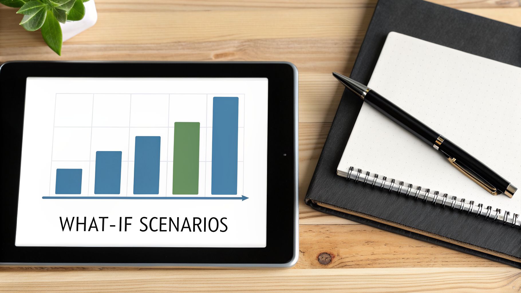 Digital tablet displays a 'WHAT-IF SCENARIOS' bar chart next to a notebook and pen on a wooden desk.