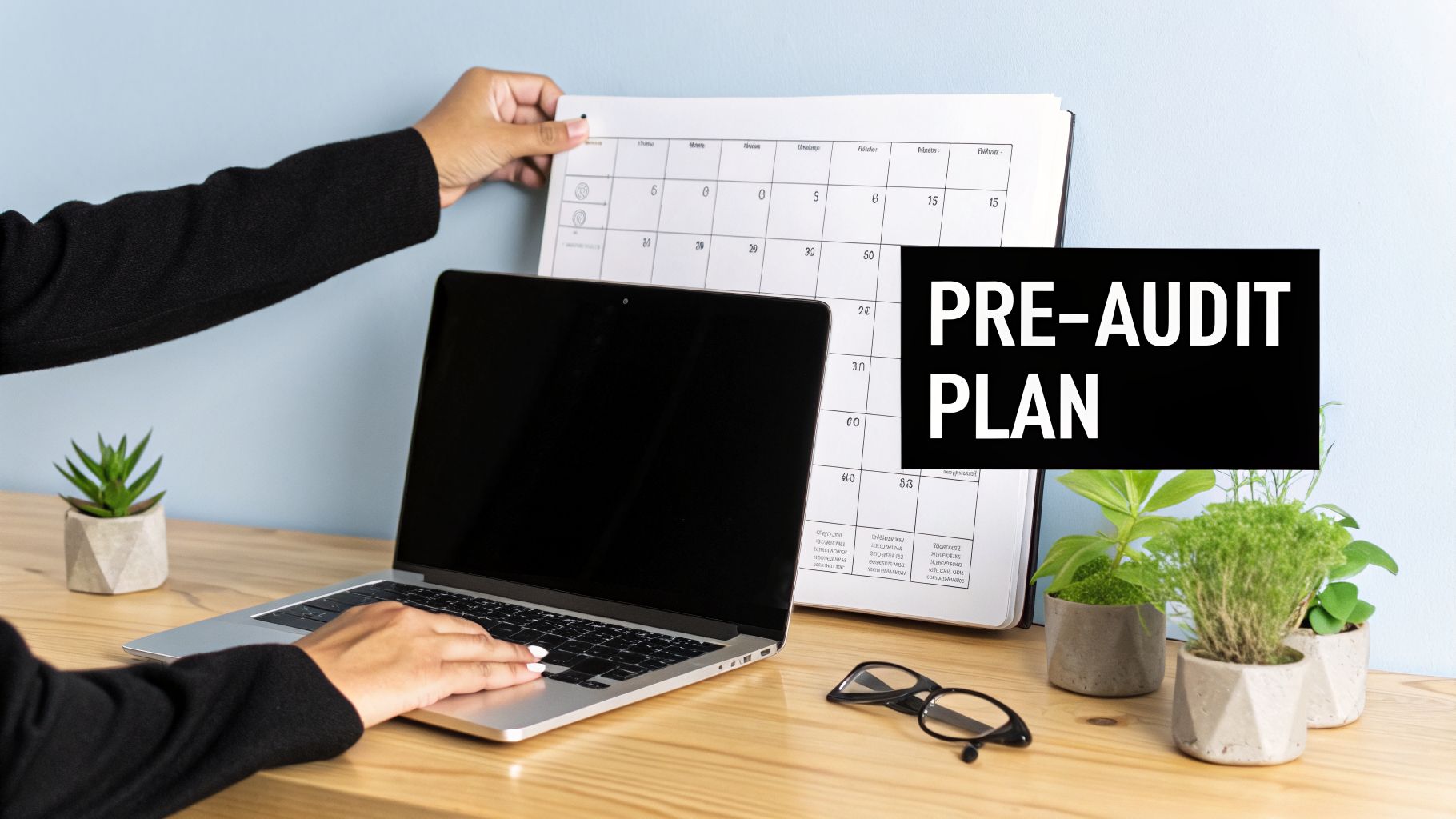 A professional plans an audit, typing on a laptop with a calendar and "PRE-AUDIT PLAN" text visible.