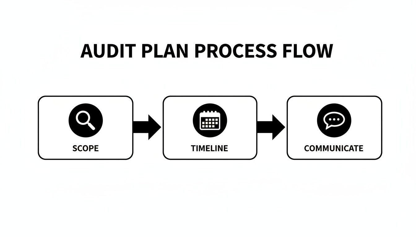 A flowchart illustrating the Audit Plan Process Flow: Scope, Timeline, and Communicate.
