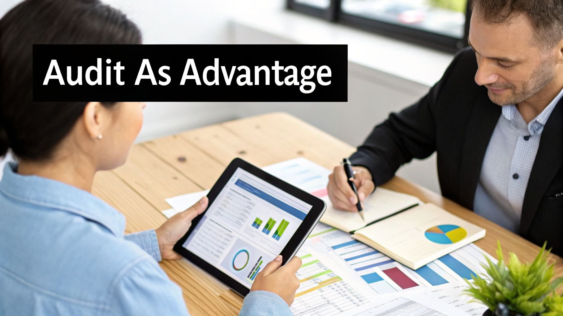 Two professionals review financial data on a tablet and paper, discussing an audit as an advantage.