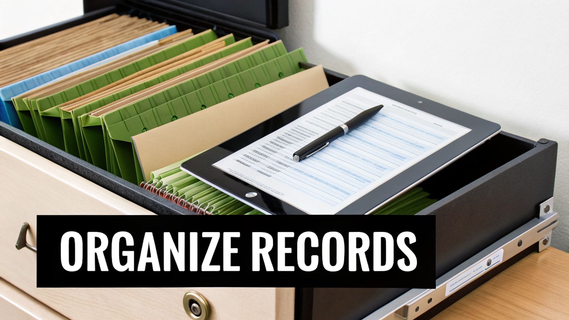 A filing cabinet drawer with organized folders, a tablet displaying a document, and a pen for records.