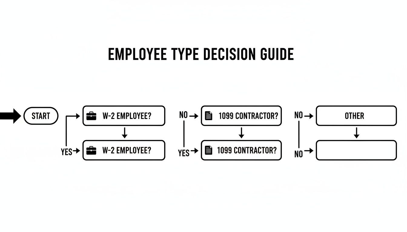 Flowchart for an employee type decision guide, distinguishing between W-2 employees, 1099 contractors, and other classifications.