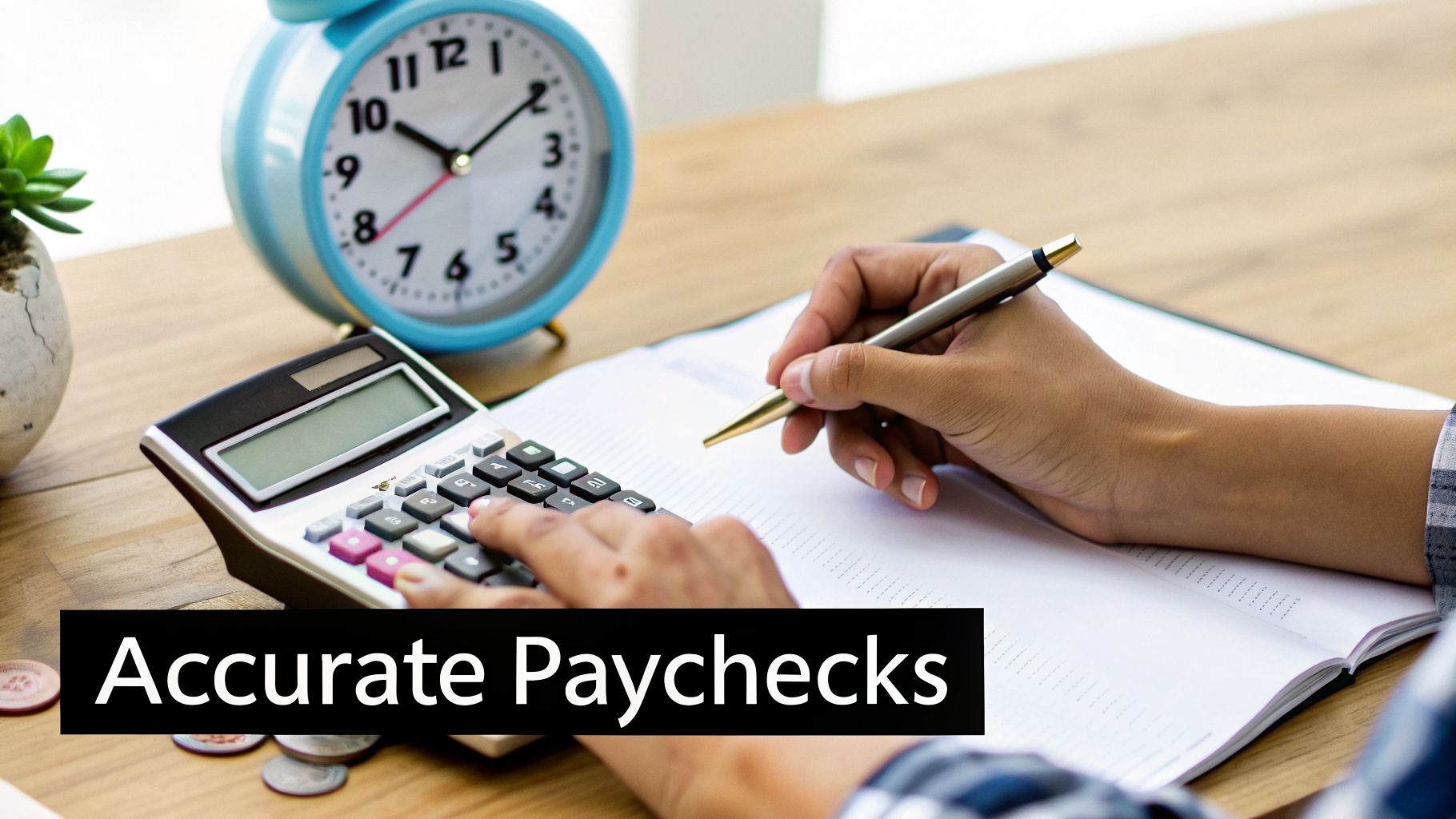 A person calculates finances using a calculator and writes in a notebook for accurate paychecks.