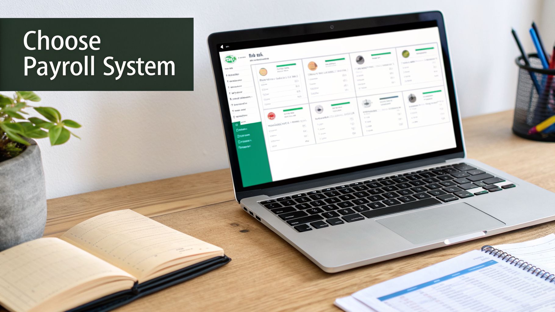 A laptop displaying a payroll system dashboard on a wooden desk, with a plant, notebook, and pens. Text: Choose Payroll System.