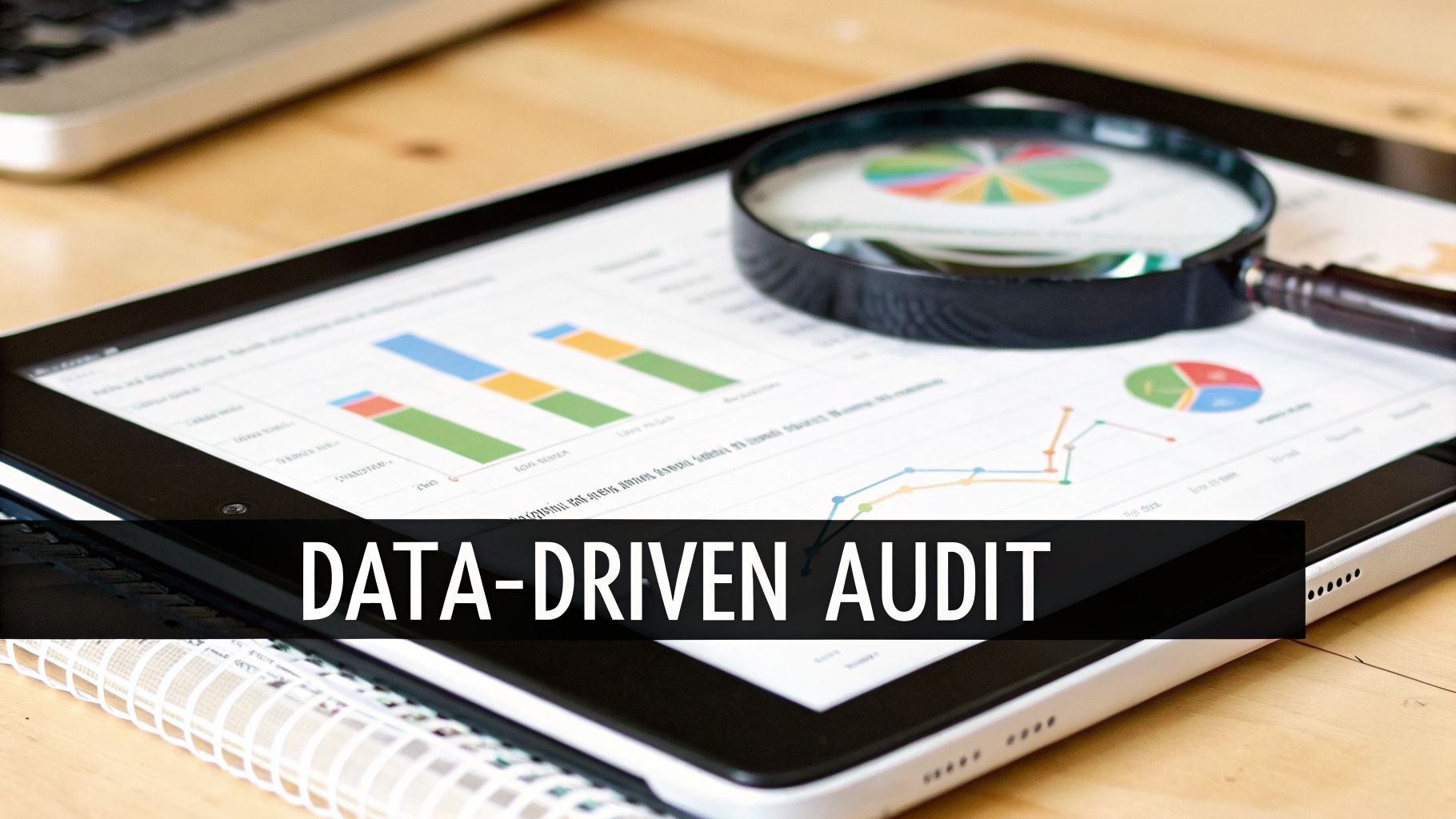 A magnifying glass on a tablet displaying business charts and graphs, with 'DATA-DRIVEN AUDIT' text overlay.