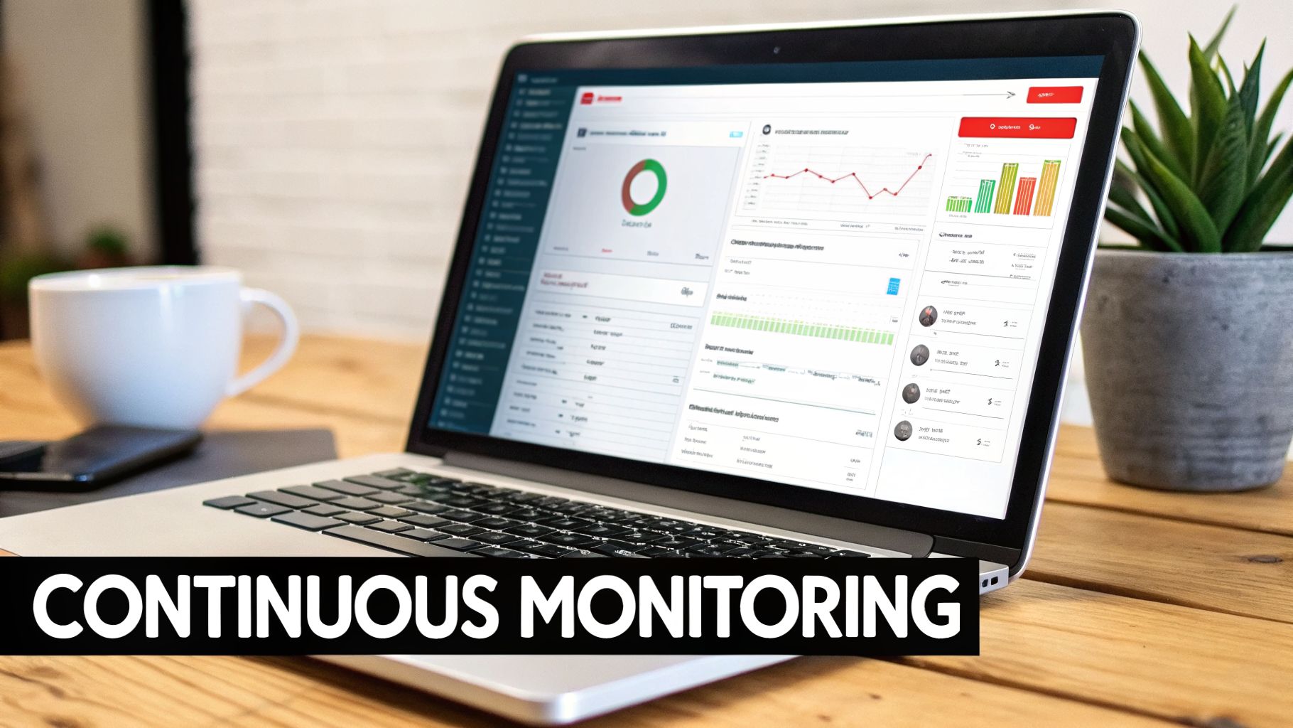 A laptop screen displays a data dashboard with charts and graphs on a wooden desk, emphasizing continuous monitoring.