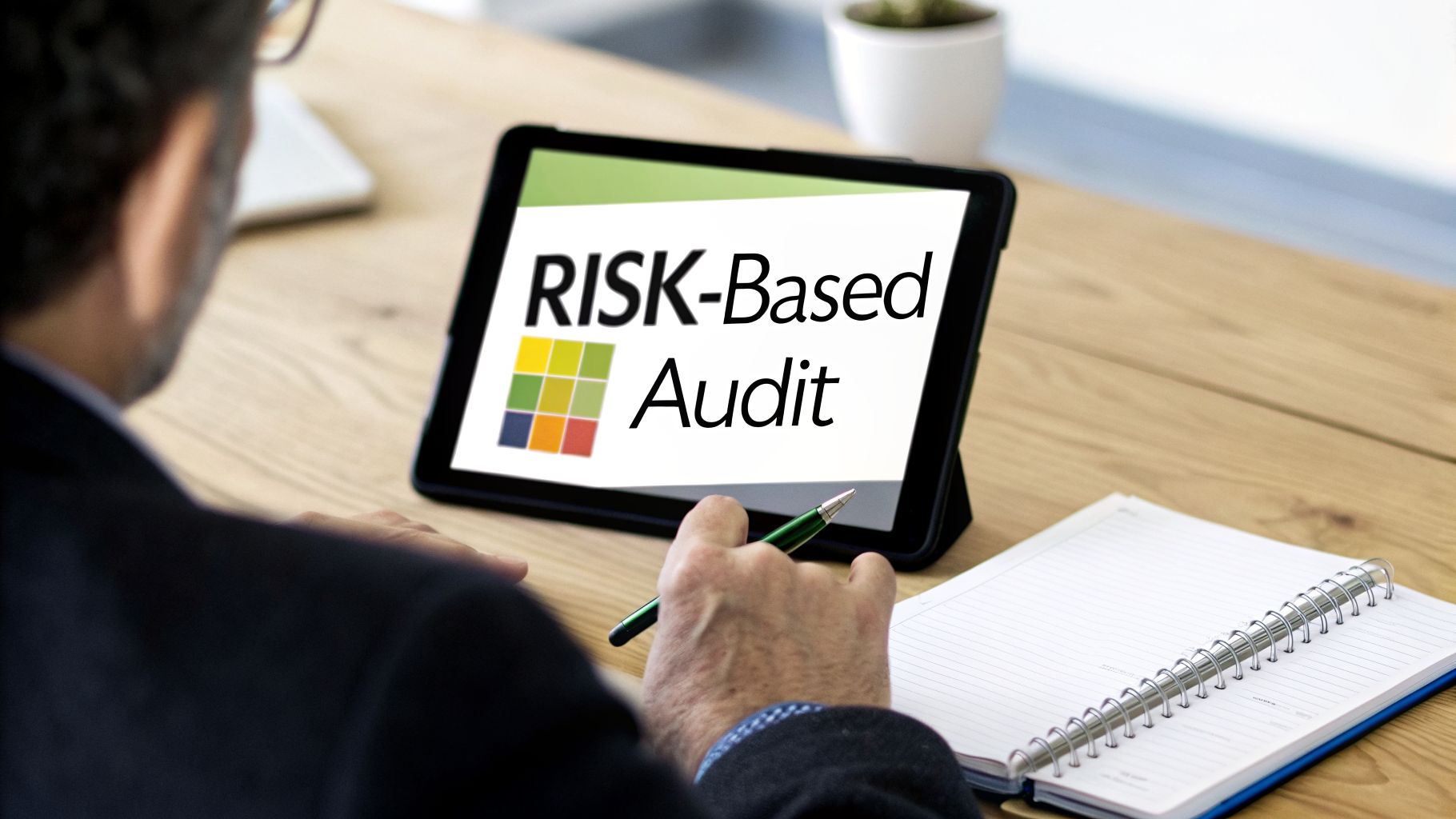 A person reviews "RISK-Based Audit" on a tablet with a pen and notebook on a wooden desk.