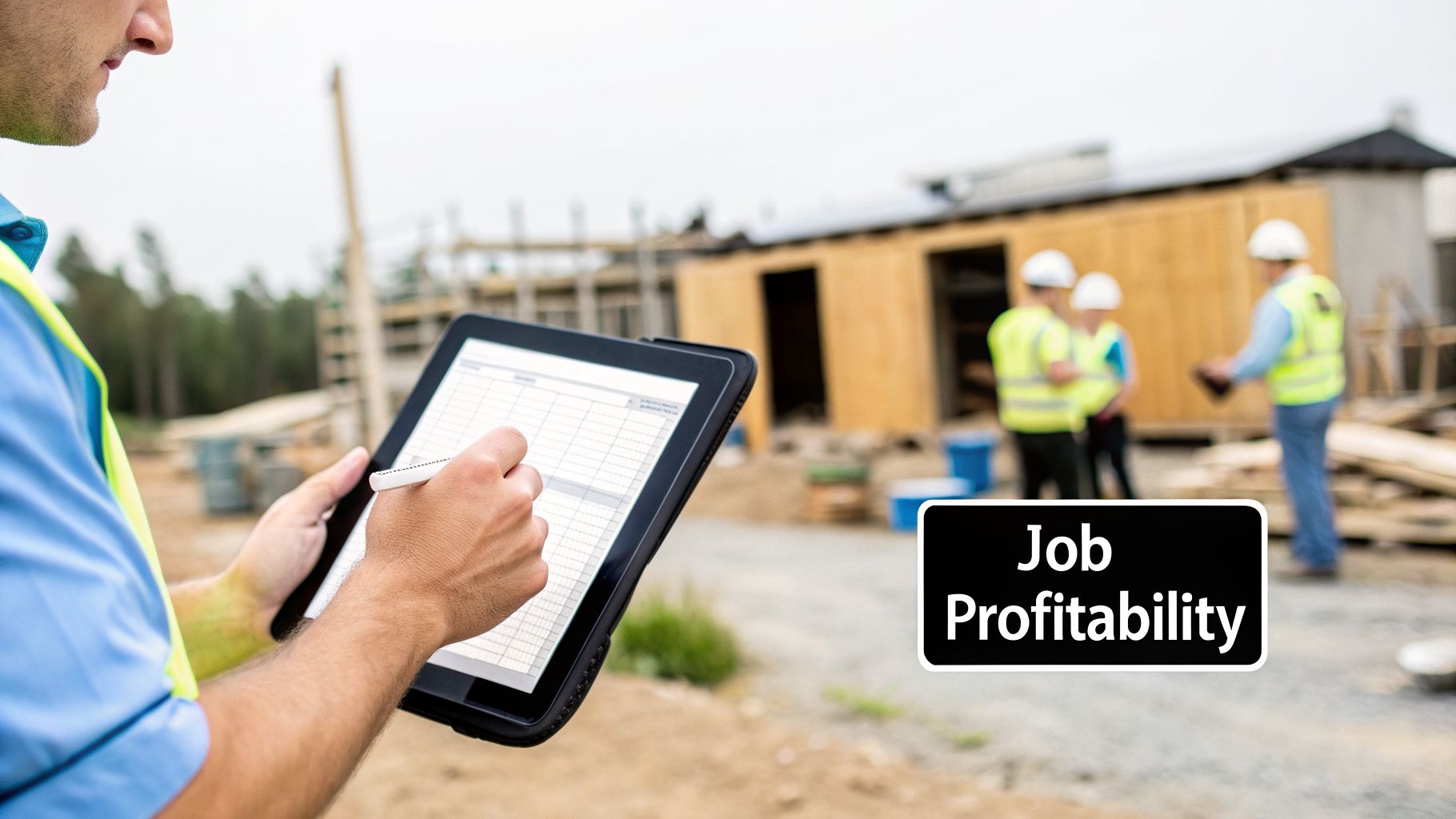 Construction worker in a safety vest using a tablet with a stylus to review job profitability on site.