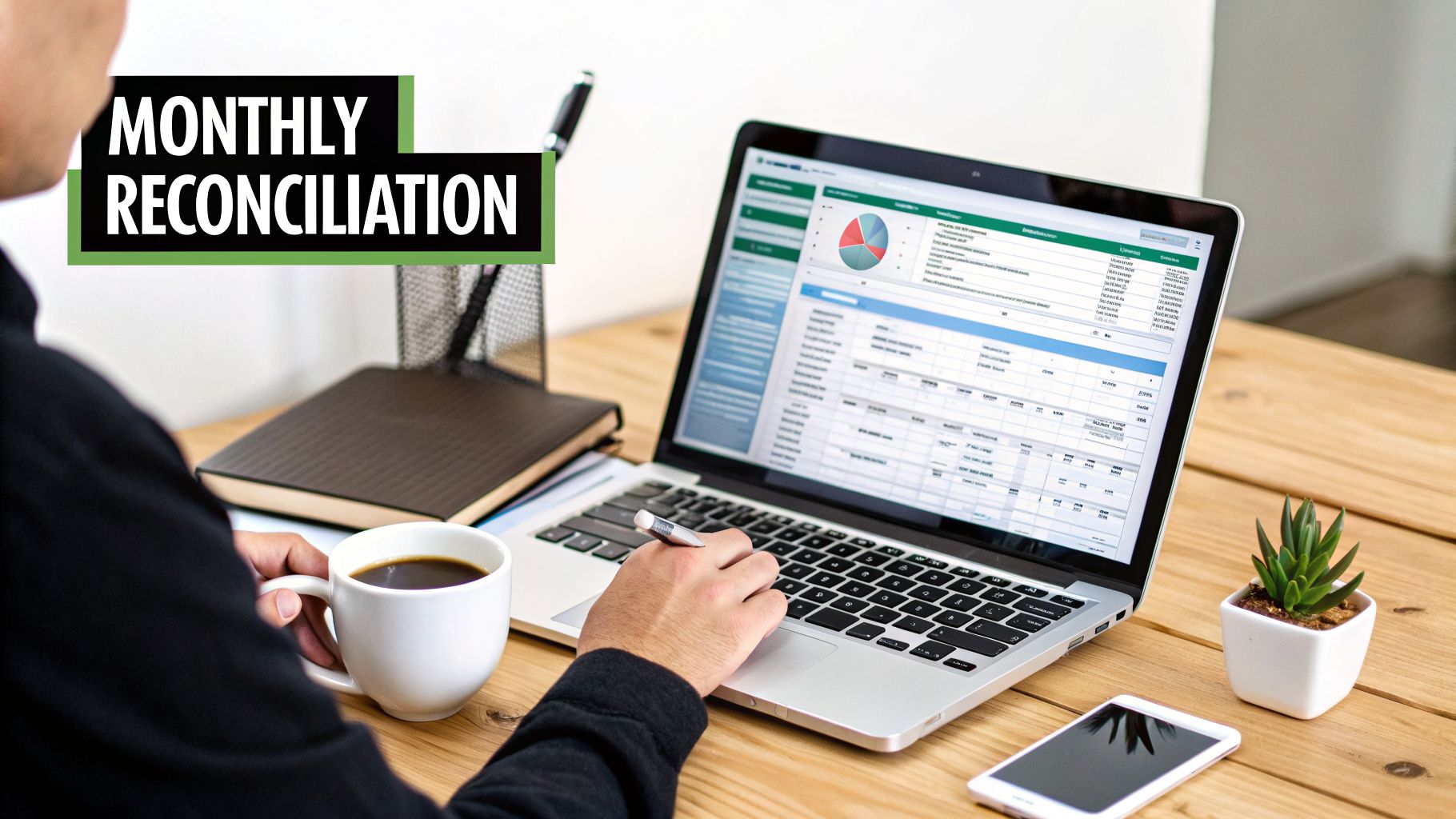 A person works on a laptop displaying financial data and a pie chart, with a text overlay 'Monthly Reconciliation'.