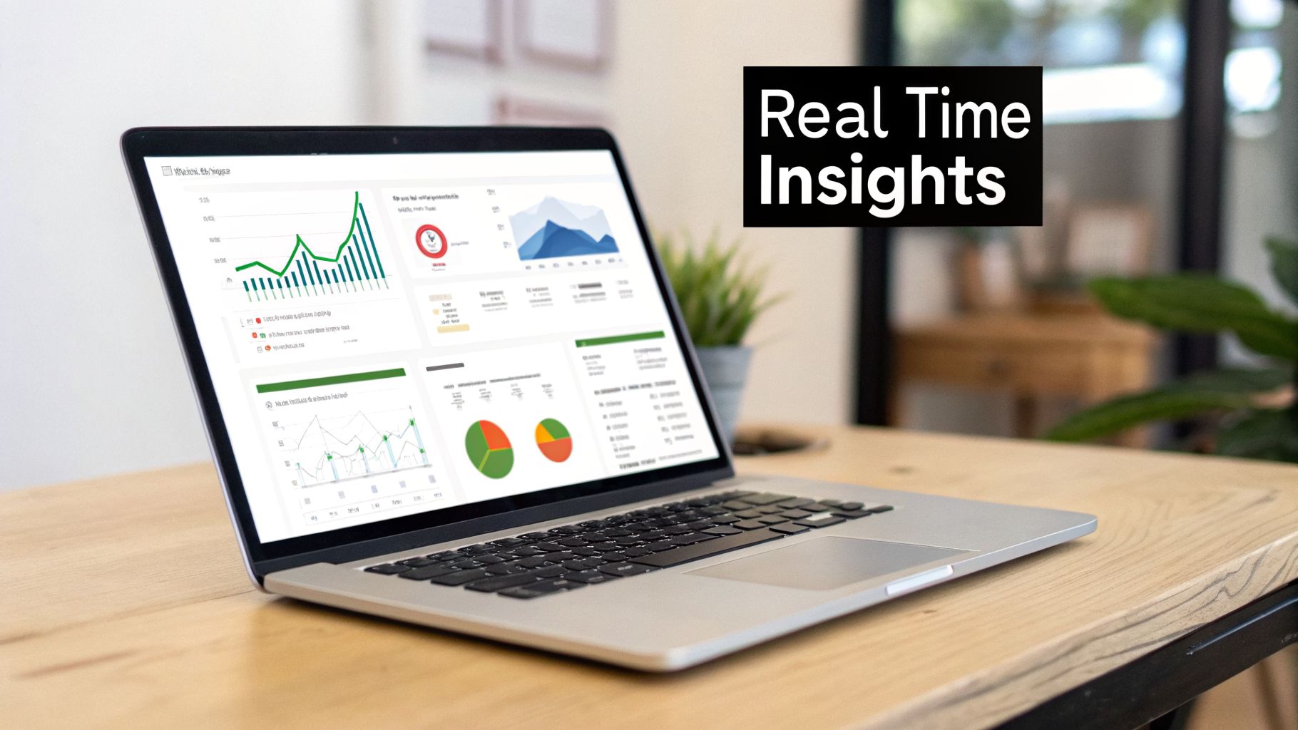 A laptop on a wooden desk displays various data charts and graphs, with 'Real Time Insights' text.