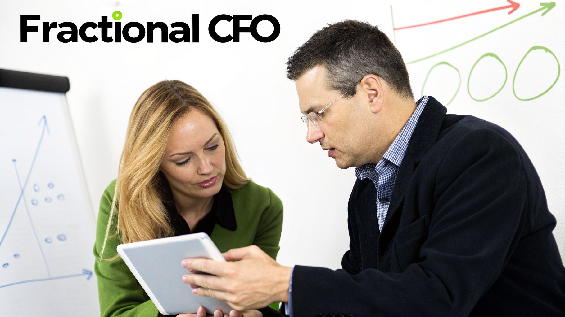 Two professionals, a man and a woman, discussing data on a tablet in a business meeting.
