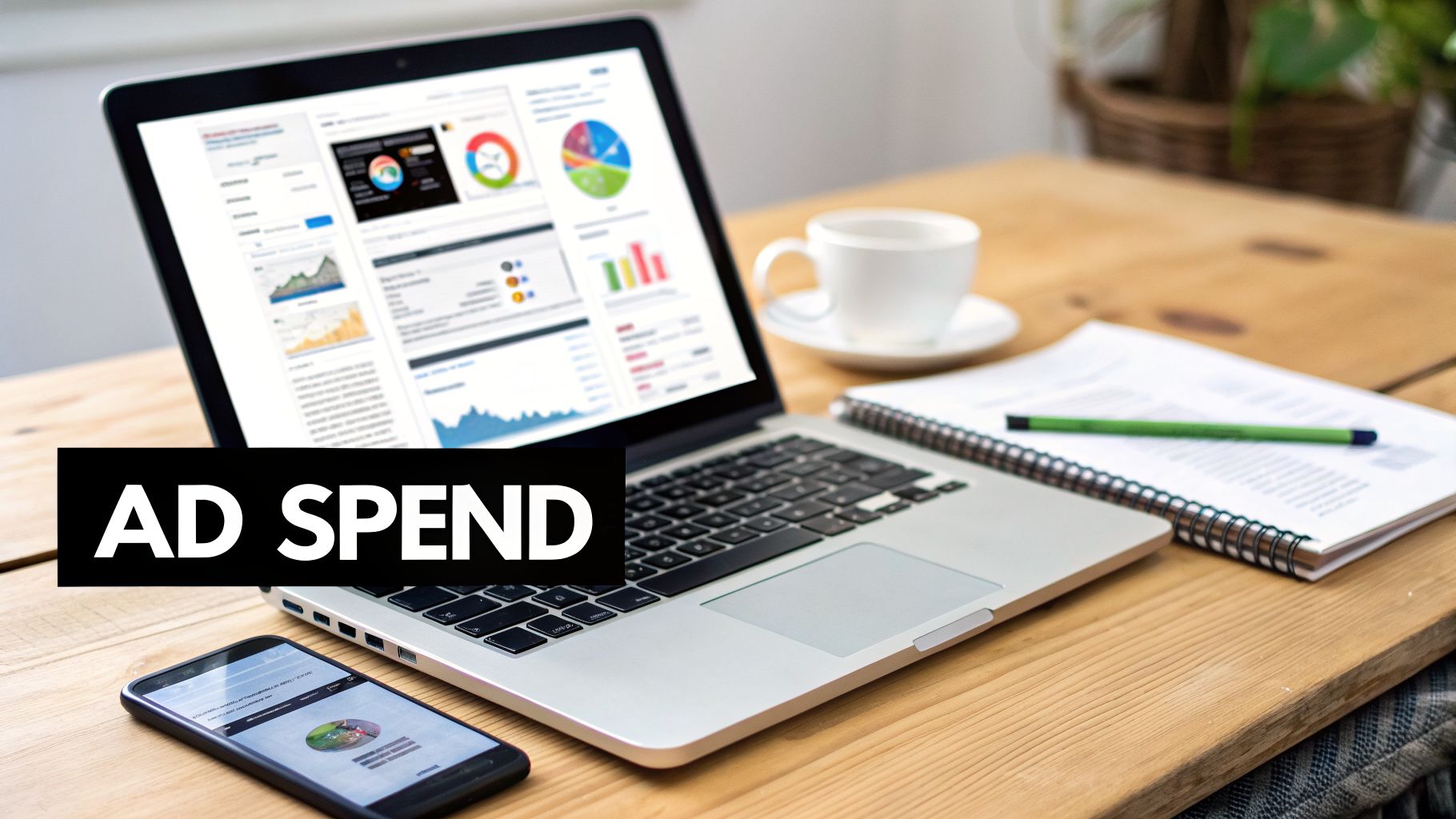 A laptop and smartphone display 'AD SPEND' data analytics charts on a wooden desk with coffee and notebook.