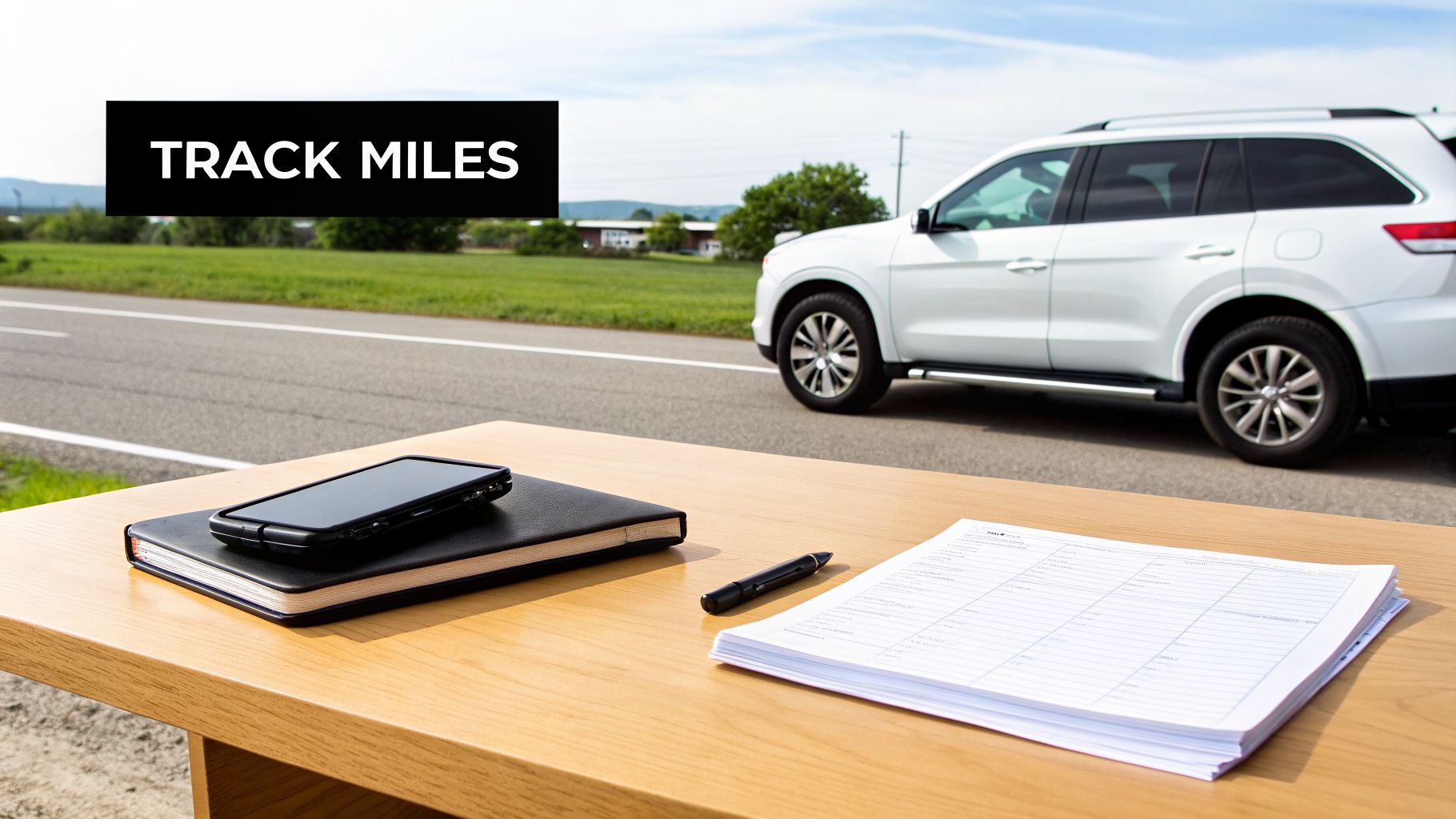 Desk with phone, notebook, pen, and forms for tracking miles, with a white SUV on a road.