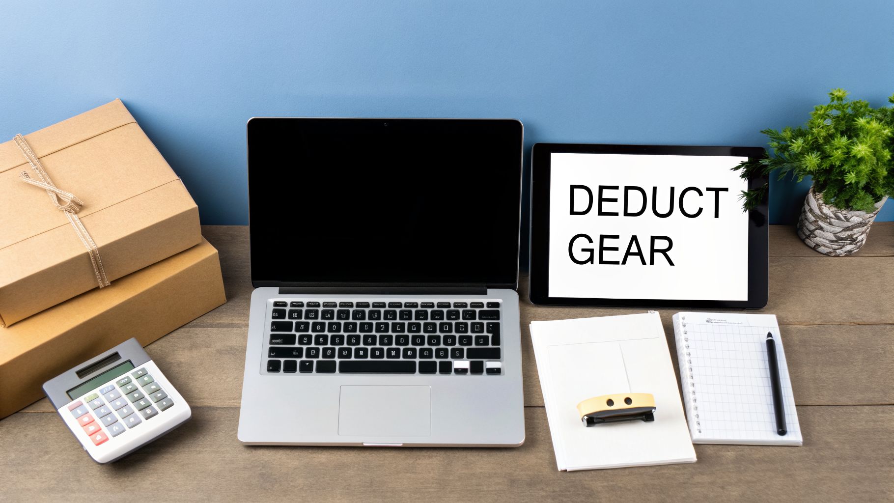 An office desk setup with a laptop, tablet displaying 'DEDUCT GEAR', calculator, boxes, and paperwork.