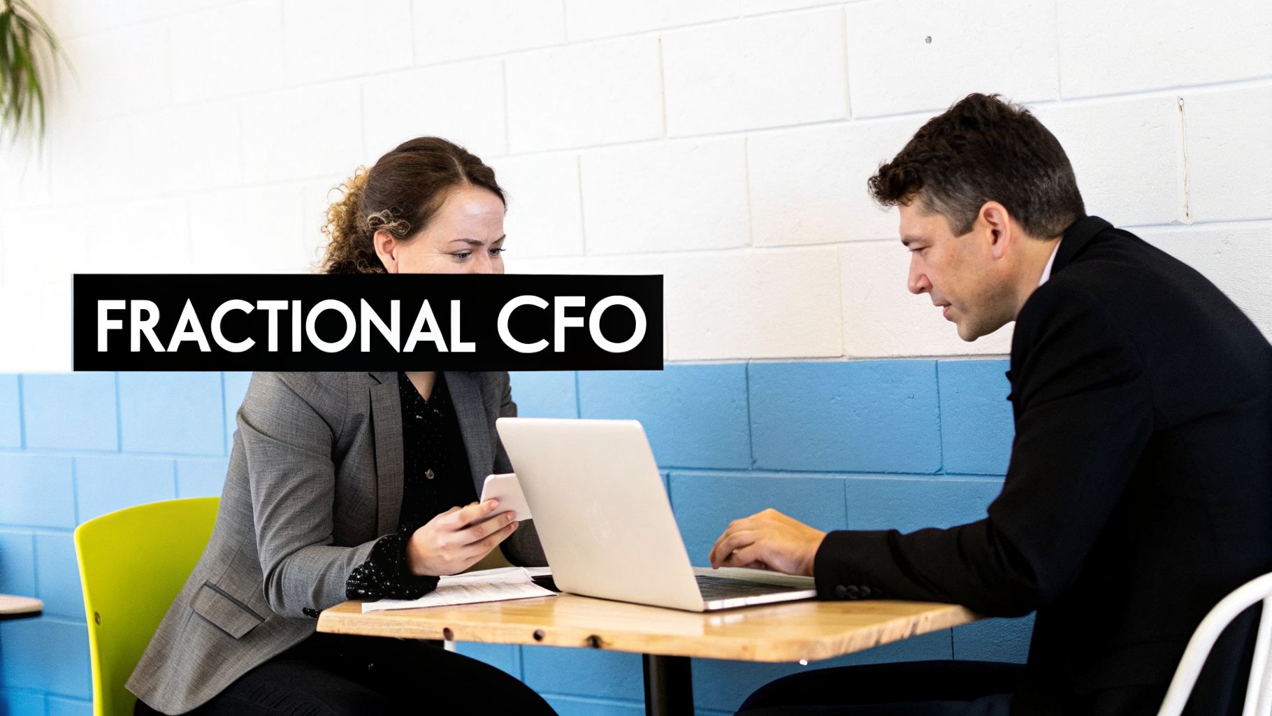 Two professionals, a man and a woman, collaborate at a table with a laptop and phone, with 'FRACTIONAL CFO' text.