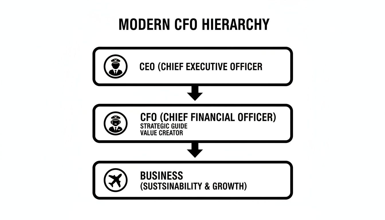 Diagram illustrating the modern CFO hierarchy: CEO, CFO (Strategic Guide, Value Creator), and Business.
