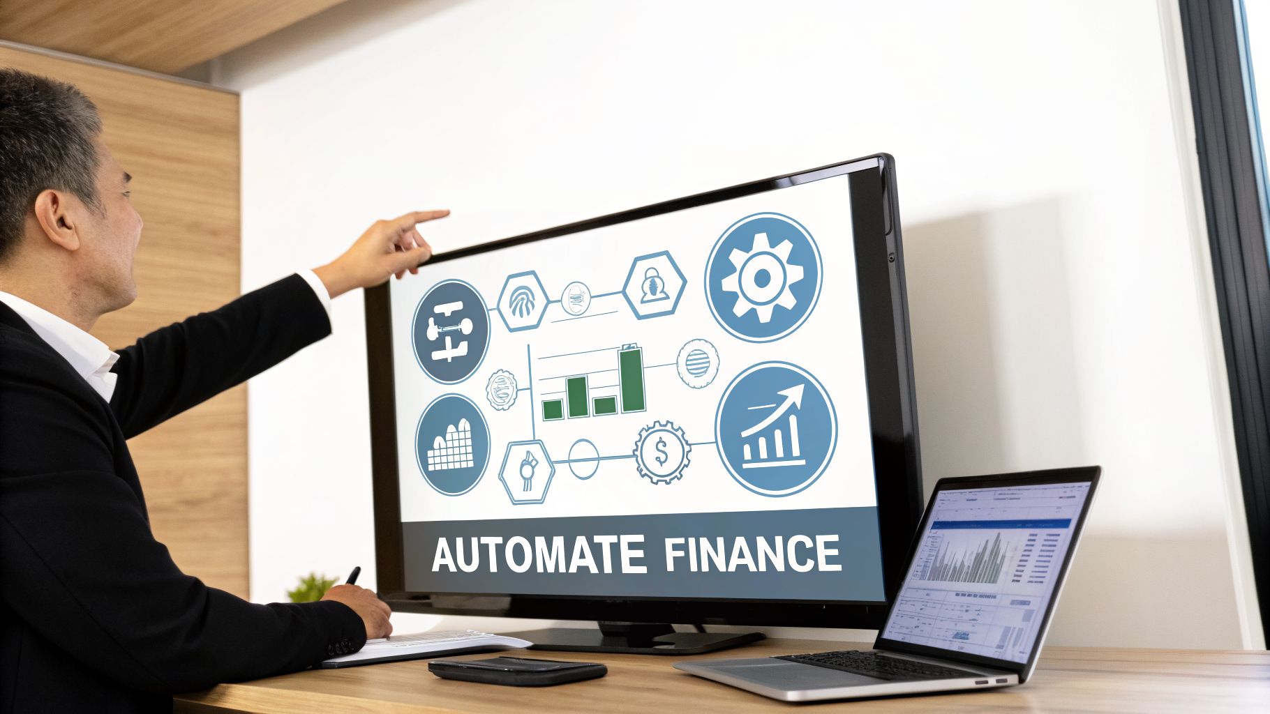 A professional man points at a monitor displaying "Automate Finance" concepts and data visualizations.