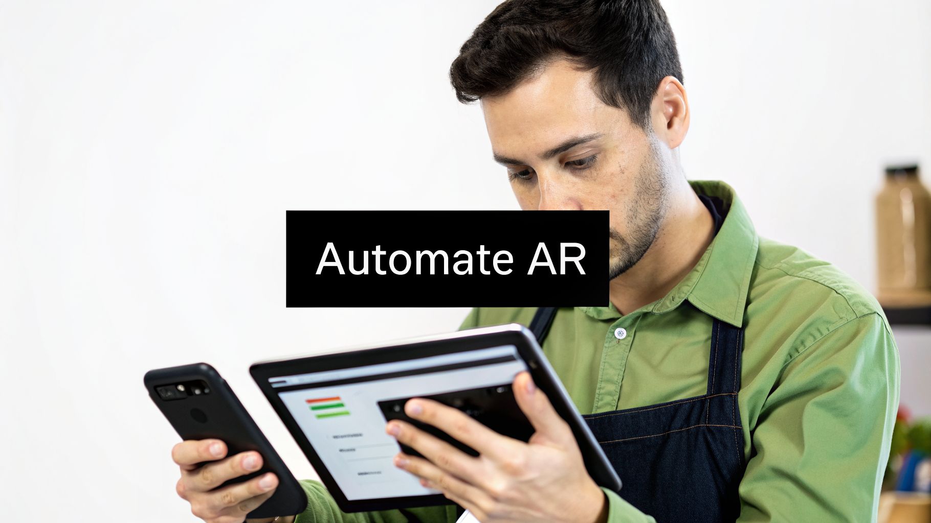 A man in a green shirt and apron uses a tablet and phone for business management, with "Automate AR" text.