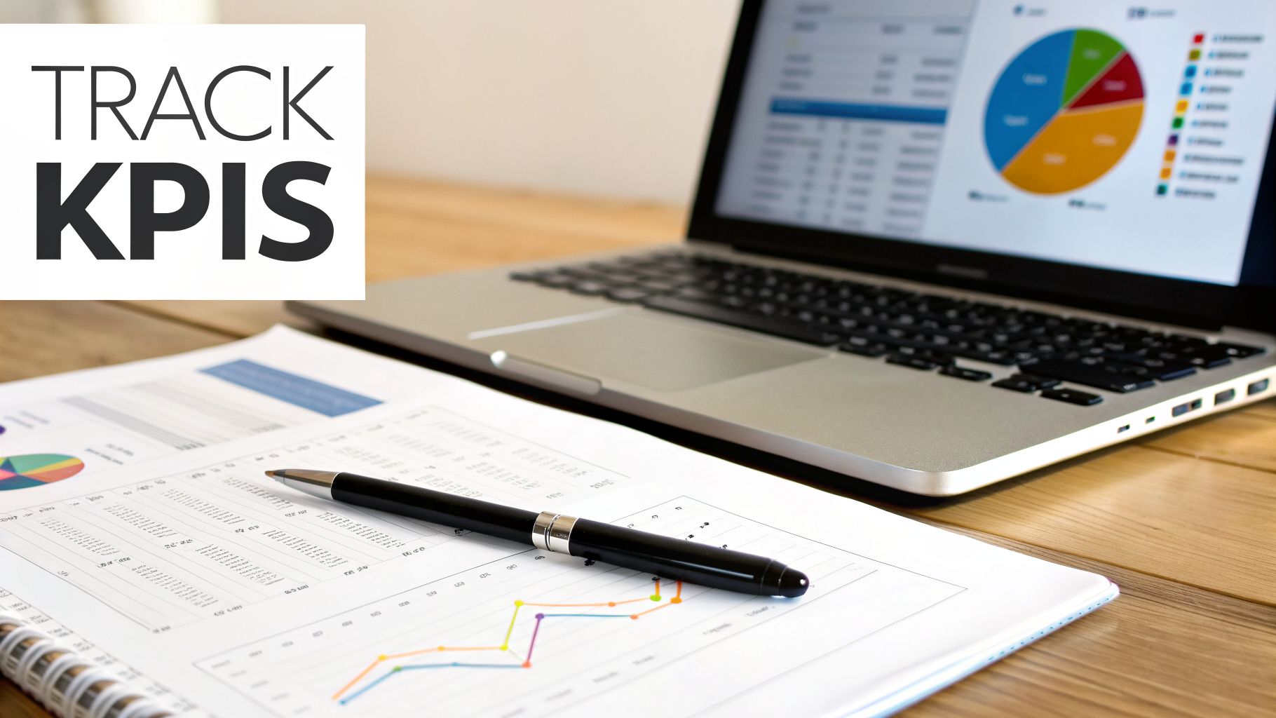 Close-up of a desk with a laptop displaying charts, a report with a pen, and 'TRACK KPIS' text.