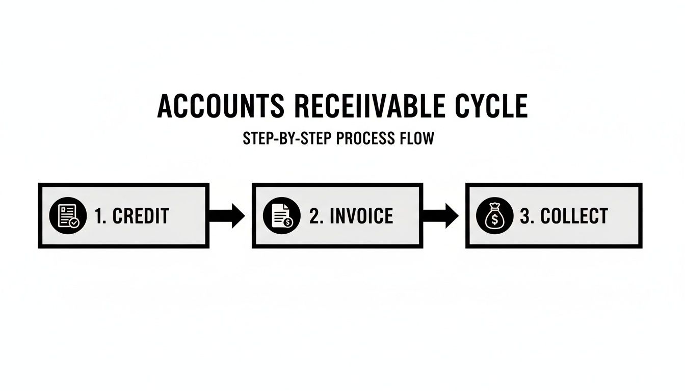 A flowchart illustrates the accounts receivable cycle with three steps: credit, invoice, and collect.