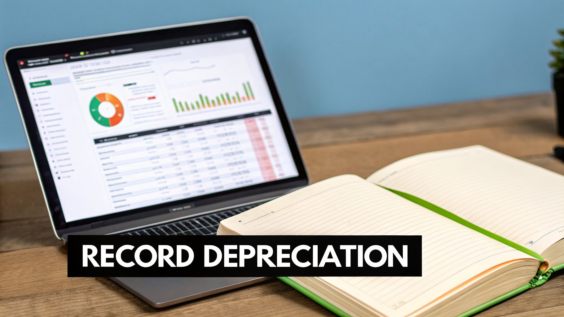 A laptop displaying financial data and charts next to an open notebook, with 'RECORD DEPRECIATION' text overlay.