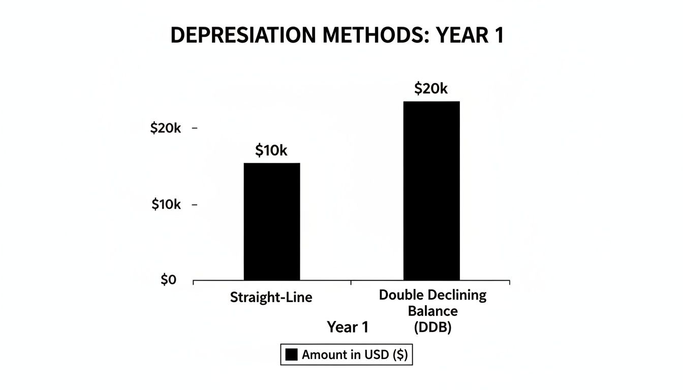 Bar chart comparing Straight-Line ($10k) and Double Declining Balance ($20k) depreciation for Year 1.