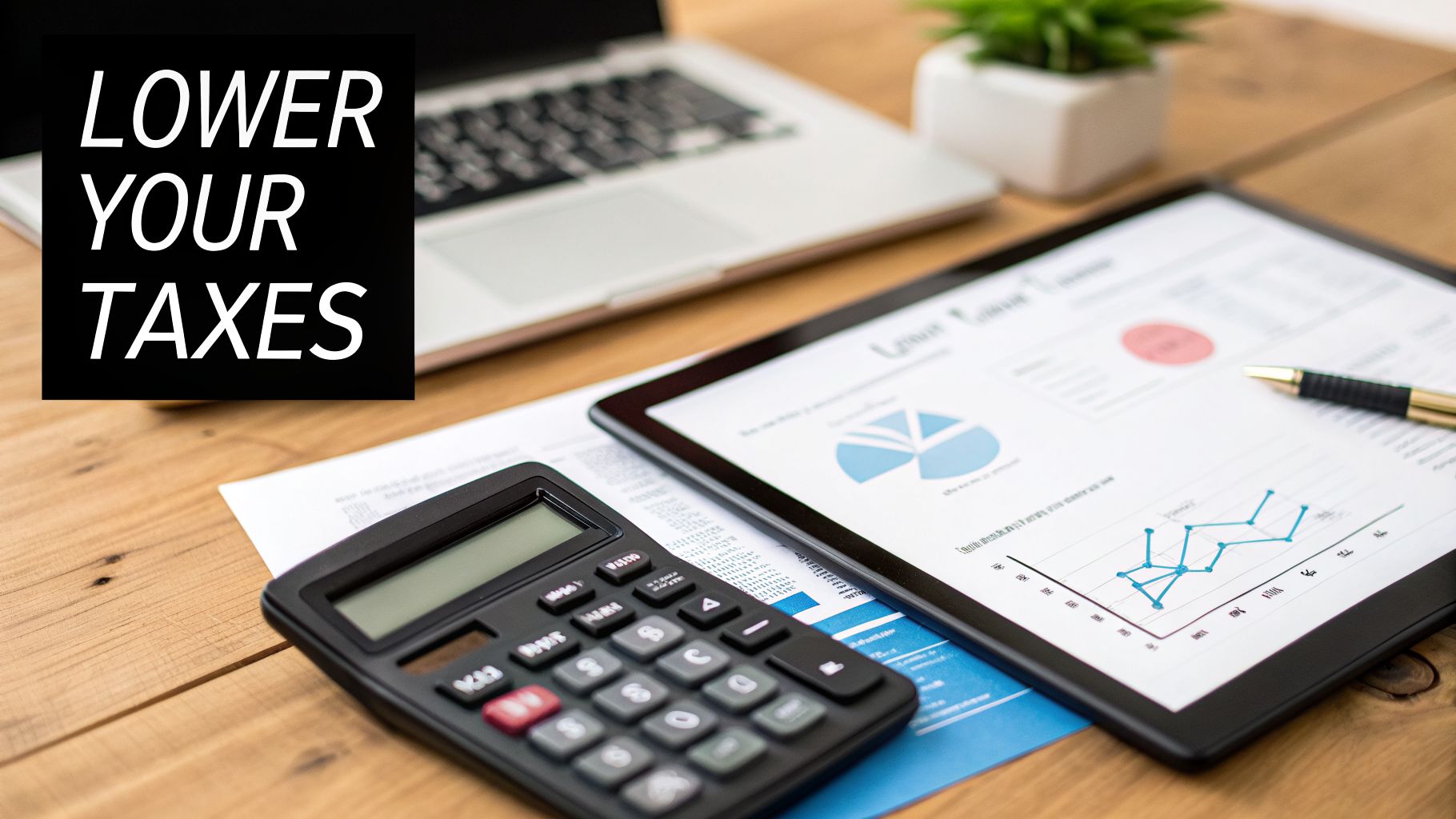 A desk setup with a calculator, tablet displaying financial charts, and a laptop, promoting 'LOWER YOUR TAXES'.
