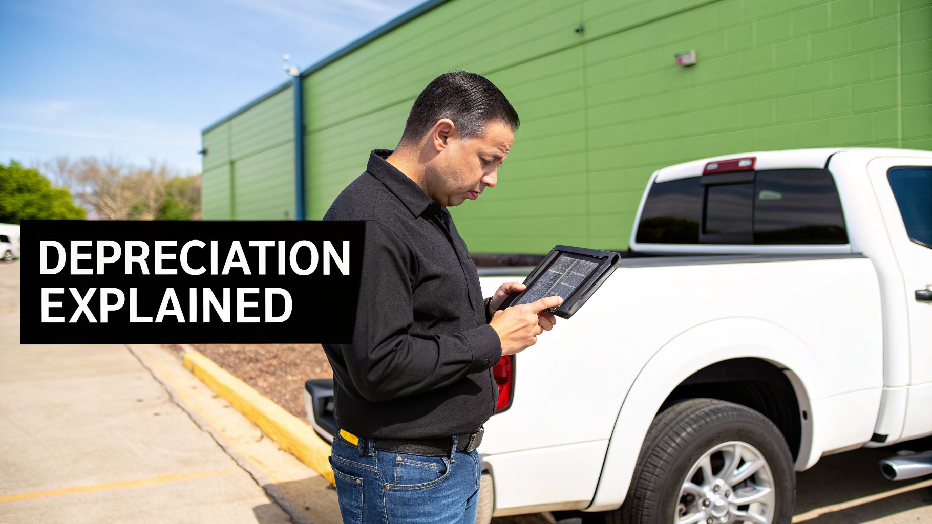 A man in a black shirt looks at a tablet next to a white pickup truck with 'DEPRECIATION EXPLAINED' text.